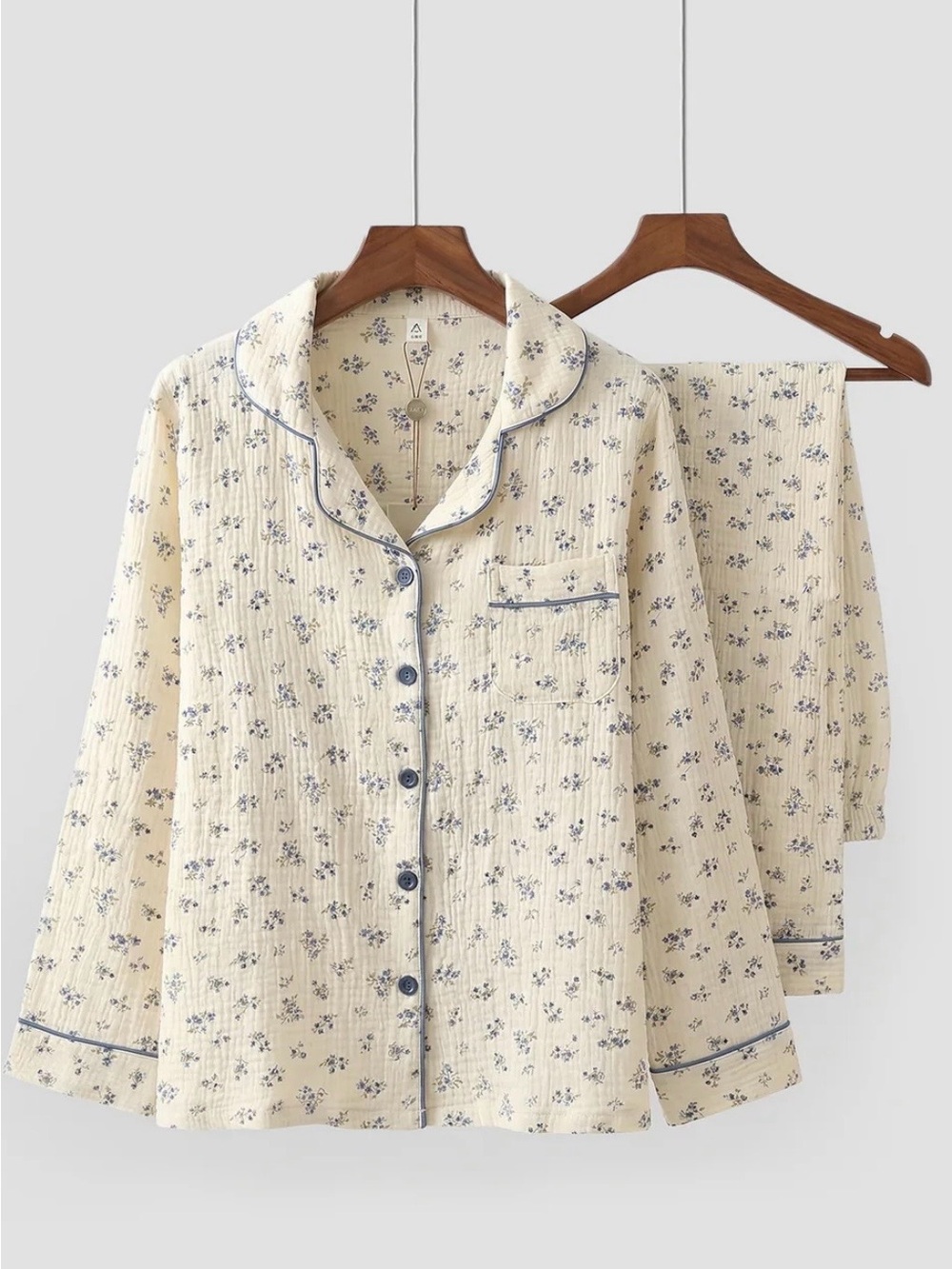 Cream Floral Cotton Pajama Set with Blue Trim